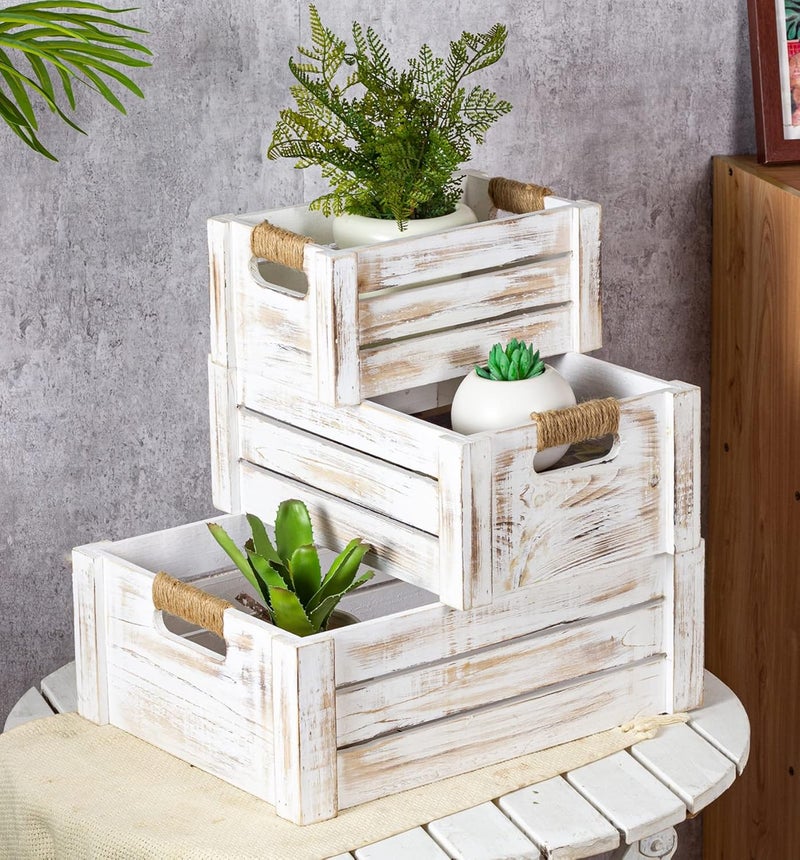 TIMRIS Set of 3 Rustic Wood Nesting Crates, Farmhouse Wooden Storage Container Boxes with Cutout Handles, Decorative Wooden Baskets for Display (Whitewash) - Image 1